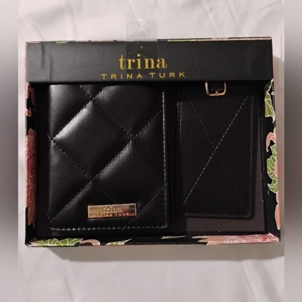 Trina Turk Black Quilted Wallet and Card Holder Set with Gold-Tone Accents